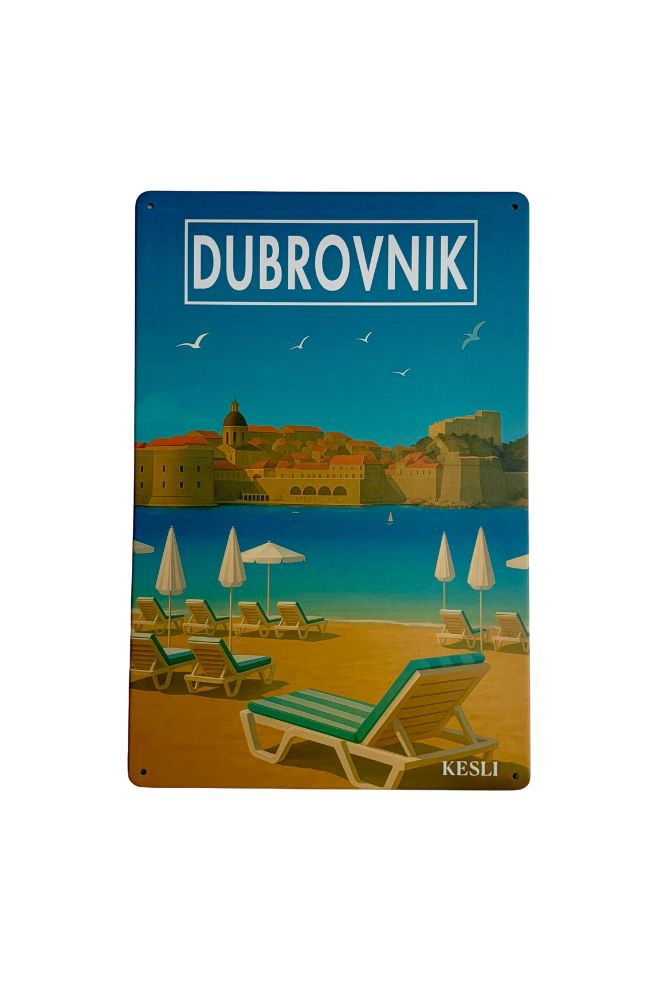Affiche métal Dubrovnik – Plage de Banje, Palais du Recteur et Fort Lovrjenac