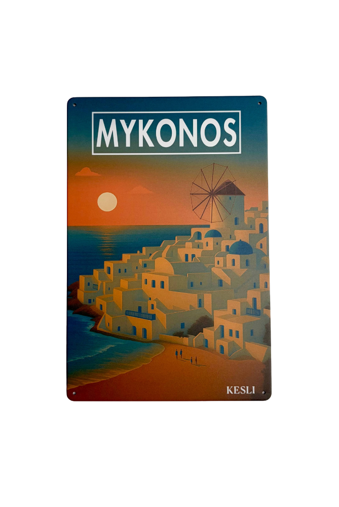 Affiche métal Mykonos – Le moulin et les maisons blanches