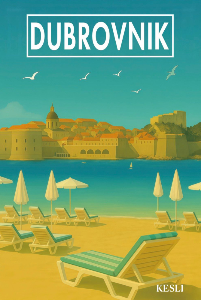 Affiche métal Dubrovnik – Plage de Banje, Palais du Recteur et Fort Lovrjenac